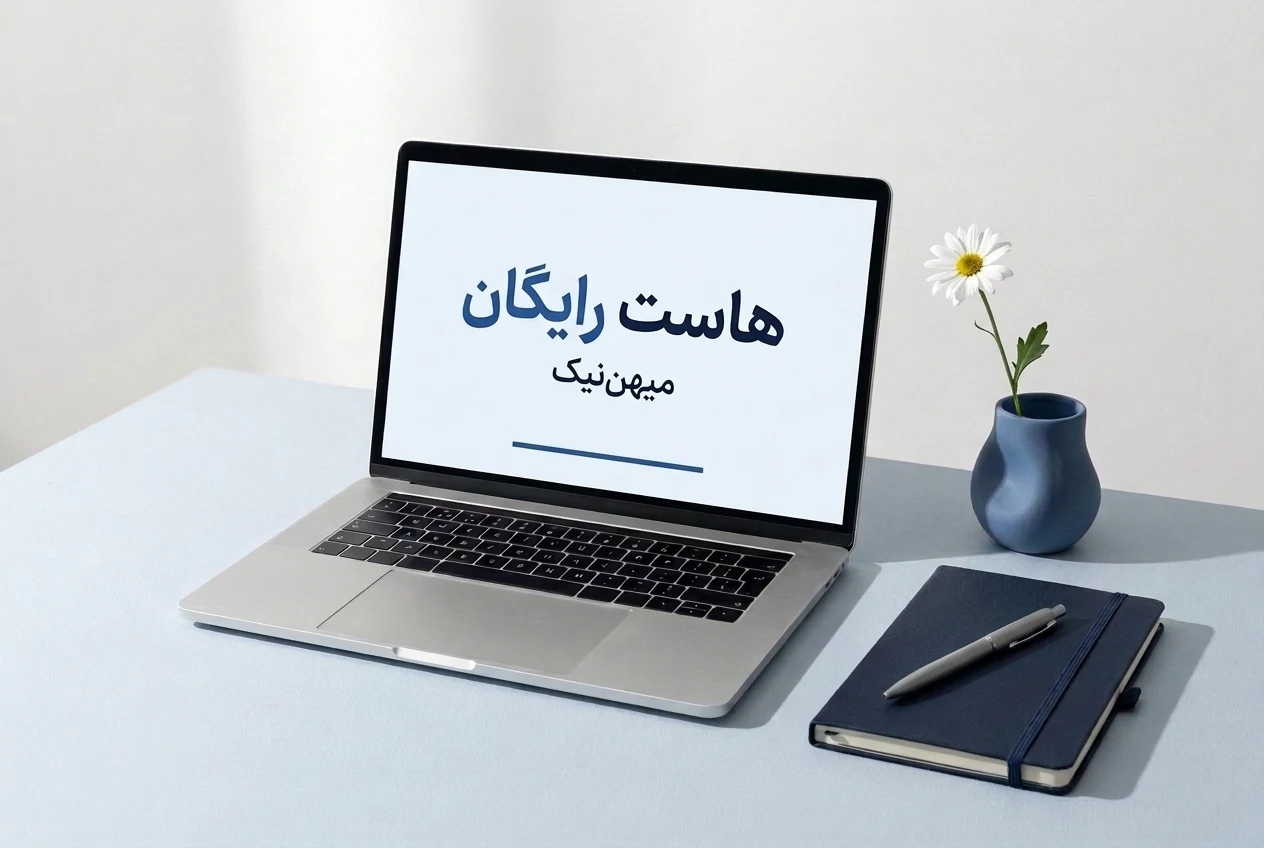 لپتاپ با نوشتهٔ هاست رایگان میهننیک، گل ساده در گلدان و خودکار روی دفتر